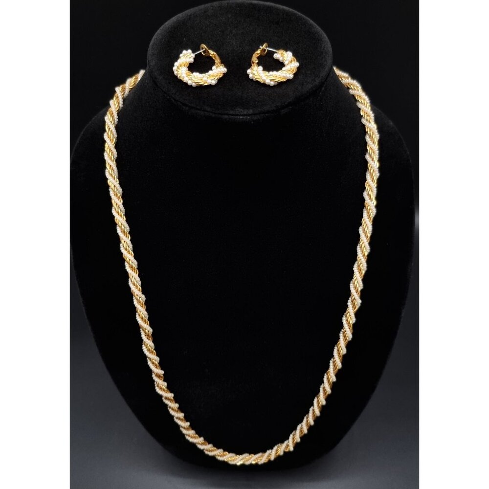 Vintage 1980s TRIFARI Gold Tone & Faux Pearl Rope Necklace & Hoop Earrings